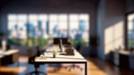 Blurred Office Workspace with Cityscape for Business Presentations. Generative AIの素材