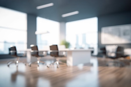 Blurred Modern Office Meeting Room with Cityscape for Business Presentations. Generative AIの素材