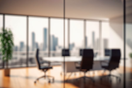 Blurred Modern Office Meeting Room with Cityscape for Business Presentations. Generative AIの素材