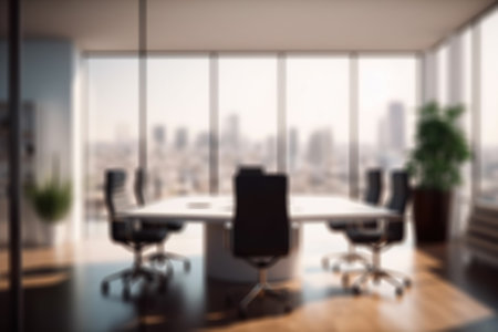 Blurred Modern Office Meeting Room with Cityscape for Business Presentations. Generative AIの素材