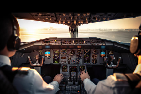 Pilots in Cockpit Preparing for Takeoff at the Airport. Generative AIの素材