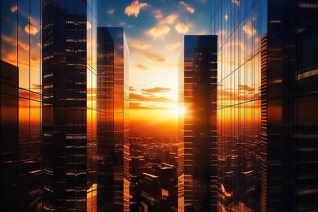 Twilight Reflections Business Office Buildings in the Evening Glow, Generative AIの素材