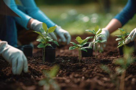 Growing Together: Dedicated Volunteers Planting Seedlings and Nurturing Nature's Promise, Generative AIの素材