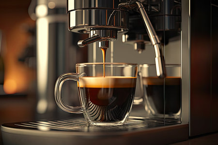Exquisite Espresso Delight: A Professional Coffee Machine Crafting a Perfect Cup in a Glass, Generative AIの素材