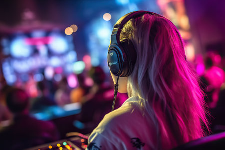 Woman Immersed in Esports, Wearing Headphones, and Engrossed in Gameplay on Screen Monitor. Generative AIの素材