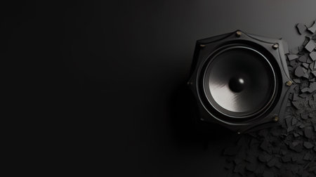 Powerful Sound Loudspeaker on a Black Wall Background. Generative AIの素材