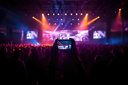 Capturing the Concert Magic: Spectators Taking Photos in Front of the Stage. Generative AIの素材