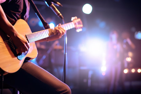 Melodic Echoes: Guitarist Enchants the Stage with Soft and Blur Background. Generative AIの素材