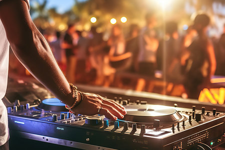 Beach Party Extravaganza: DJ Mixing Igniting the Summer Nightlife with Energetic Crowd and Vibrant Disco Vibes. Generative AIの素材