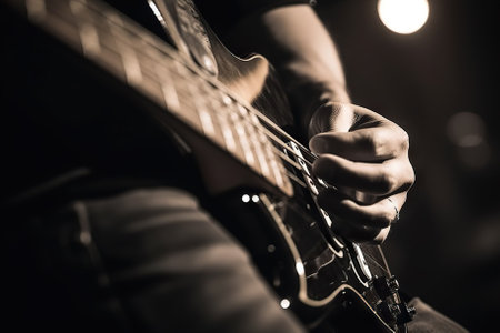 Electric Bass Guitar Player's Hands in Live Music Performance. Generative AIの素材