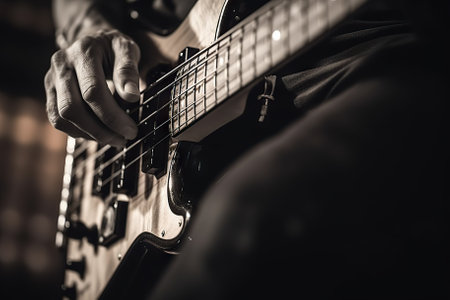 Electric Bass Guitar Player's Hands in Live Music Performance. Generative AIの素材