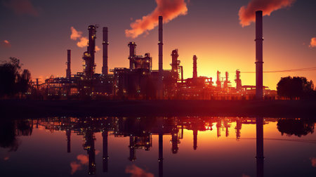 Twilight Glow Oil Refinery Plant Illuminating the Desert, Powering the Crude Oil Industry. Generative AIの素材
