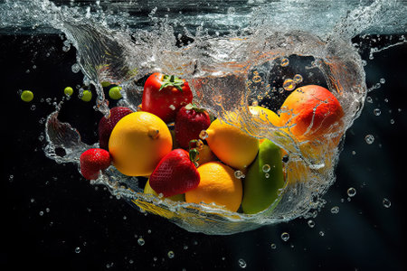 Refreshing Delights: Fruit and Vegetables Splash into Water. Generative AIの素材