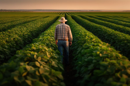 Senior Farmer's Sunset Inspection of Soybean Field. Generative AIの素材
