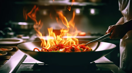 Fiery Culinary Mastery: Chef's Skillful Wok Cooking in a Professional Kitchen. Generative AIの素材