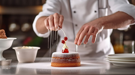 Masterful Dessert Creation: Chef's Culinary Delights in a Professional Kitchen. Generative AIの素材