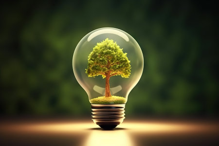 Sustainable Illumination Green Energy Concept with Tree Inside Light Bulb and Resource Icon. Generative AIの素材
