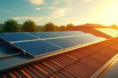 Harnessing the Power of the Sun Photovoltaic Panels Glistening under Summer's Radiant Light. Generative AIの素材