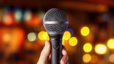 Captivating Performance Artist Holding a Microphone in a Music Show with Bokeh Background. Generative AIの素材