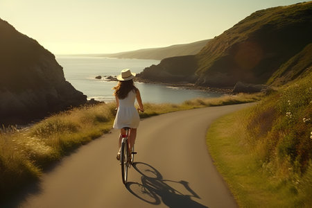 Journey of Freedom Adventurous Woman Riding Bicycle on Scenic Coastal Path with Focus. Generative AIの素材