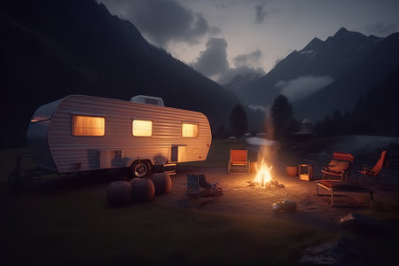 Adventurous High-Tech Caravan in the Majestic Mountains, Campfire Flickering in Front. Generative AIの素材