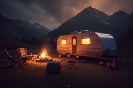 Adventurous High-Tech Caravan in the Majestic Mountains, Campfire Flickering in Front. Generative AIの素材