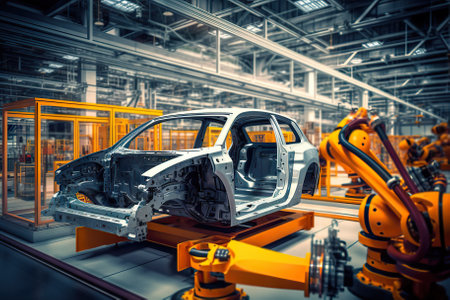Automated Robot Arm Assembly Line in Car Factory Producing Electric Vehicles. Generative AIの素材