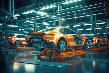 Automated Robot Arm Assembly Line in Car Factory Producing Electric Vehicles. Generative AIの素材