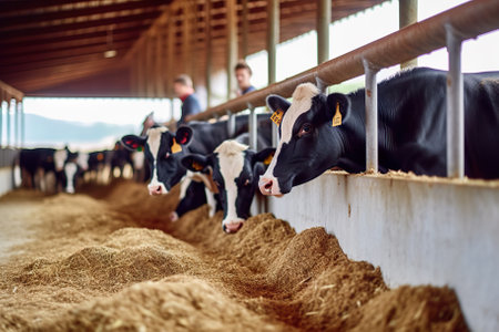 Cows Feeding on Hay in a Spacious Cowshed. Generative AIの素材