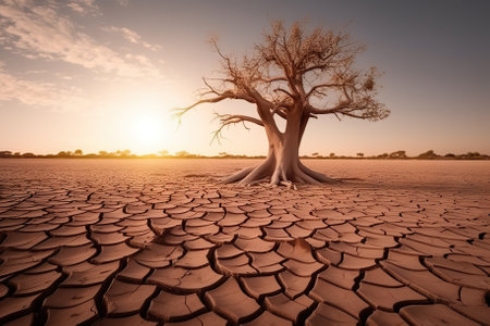 Climate Change Impact Cracked Earth and Wilted Tree Revealing Severe Drought. Generative AIの素材