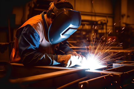 Sparks of Craftsmanship Metal Welder Mastering Steelwork with Electric Arc Welding Machine in Workshop. Generative AIの素材
