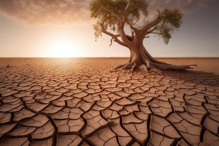 Climate Change Impact Cracked Earth and Wilted Tree Revealing Severe Drought. Generative AIの素材