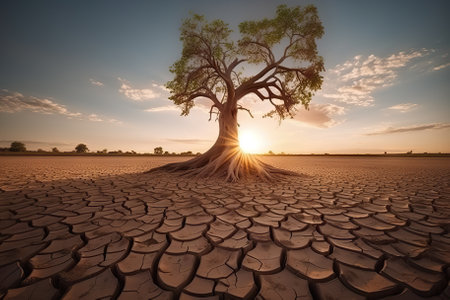 Climate Change Impact Cracked Earth and Wilted Tree Revealing Severe Drought. Generative AIの素材