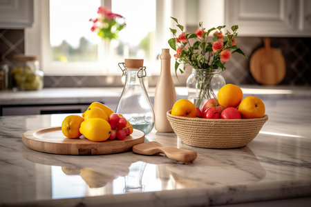 Modern Kitchen Marble Counter, Fresh Vegetables, and Fruits for a Healthy Lifestyle. Generative AIの素材