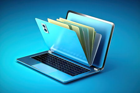 Digital File Management File Folder on Laptop Screen with Blue Background. Generative AIの素材