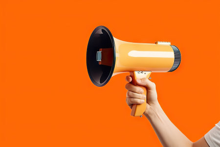 Empowering Marketing and Sales Illustration of Hand Holding Megaphone on Vibrant Orange Background. Generative AIの素材