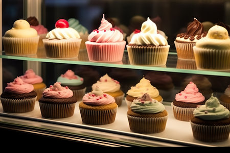Delicious Delights Tempting Assortment of Cupcakes in a Bakery Window Display. Generative AIの素材