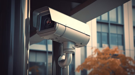 Surveillance and Security Modern Building with CCTV Camera Monitoring in the Urban Landscape. Generative AIの素材