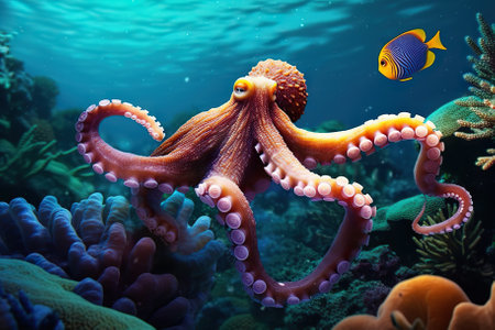Majestic Encounters Octopus in the Vibrant Coral Reef of the Underwater Sea World. Generative AIの素材