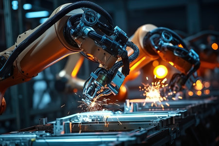 Innovation in Motion Futuristic Factory with Robotic Arms and Industrial Welding Robots. Generative AIの素材