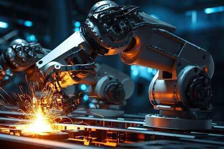 Innovation in Motion Futuristic Factory with Robotic Arms and Industrial Welding Robots. Generative AIの素材