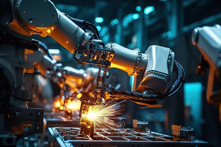 Innovation in Motion Futuristic Factory with Robotic Arms and Industrial Welding Robots. Generative AIの素材