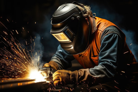 Sparks of Precision Skilled Welder Crafting Metal with Protective Gear. Generative AIの素材