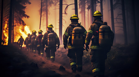 Brave Guardians of the Wild Volunteer Firefighters Battling a Raging Forest Fire with Courage. Generative AIの素材