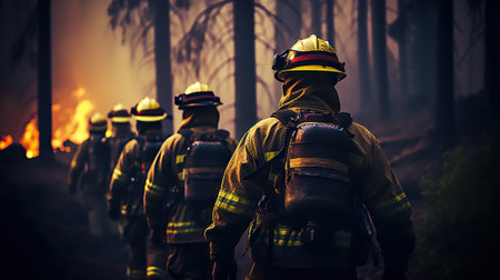 Brave Guardians of the Wild Volunteer Firefighters Battling a Raging Forest Fire with Courage. Generative AIの素材