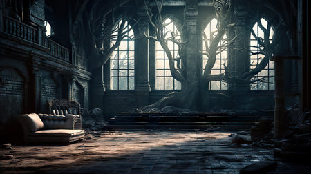 Eerie Whispers Hauntingly Beautiful Interior of an Abandoned Building. Generative AIの素材
