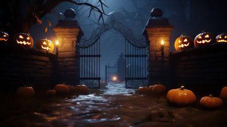 Glowing Guardians Jack O' Lanterns at the Spooky Churchyard Gate. Halloween Background. Generative AIの素材