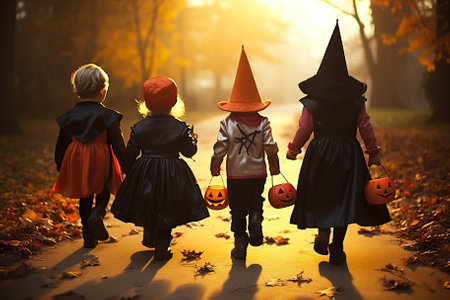 Spooky Squad Back View Group of Kids with Halloween Costumes Walking to Trick or Treating. Generative AIの素材