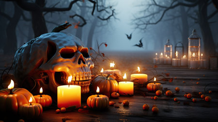 Atmospheric Graveyard Tabletop Halloween Background with Candles, Skull, and Pumpkin Decoration. Generative AIの素材
