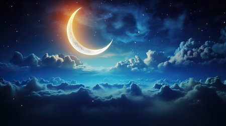 Celestial Serenity Romantic Moon in a Starry Night Sky Over Clouds. Generative AIの素材